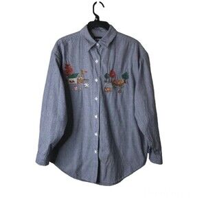 Solutions Casualwear Button Front Embroidered Shirt Size M Black White Check